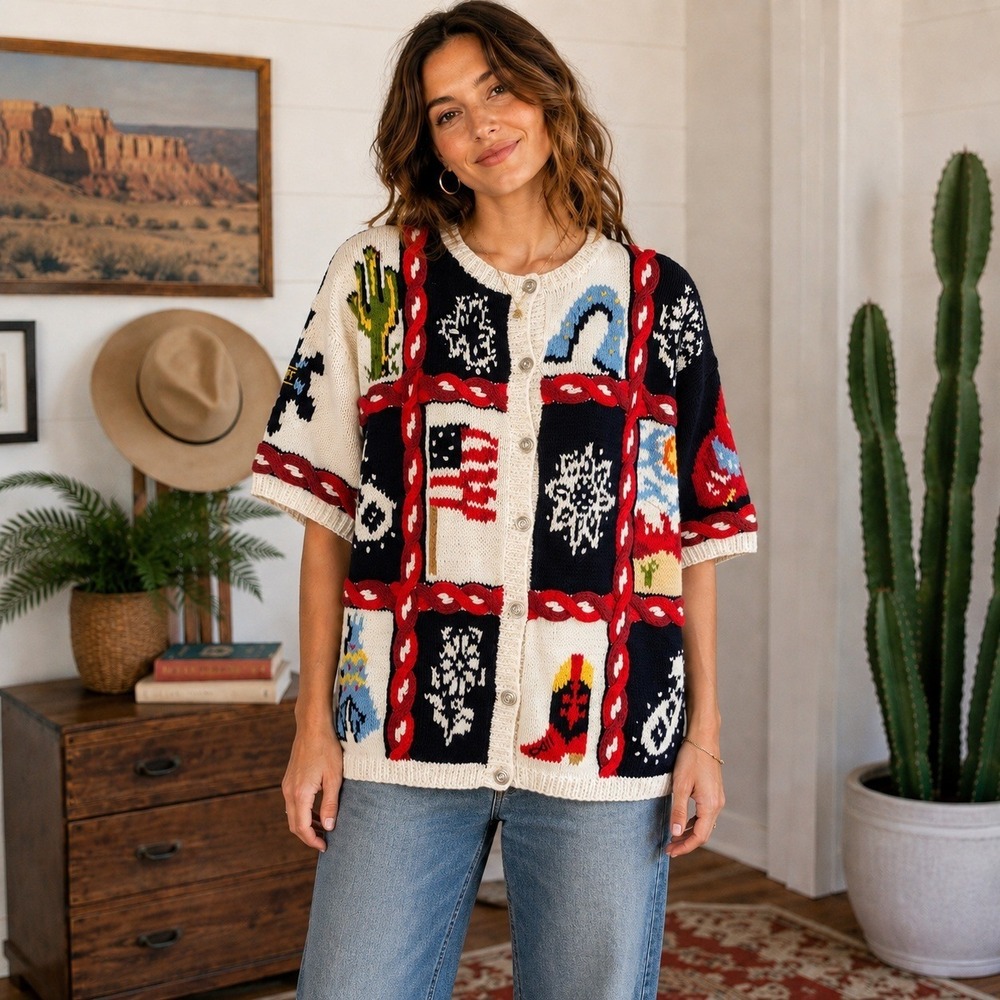 Vintage 90s The Eagle's Eye Western Novelty Knit Cardigan Short Sleeve Women's L